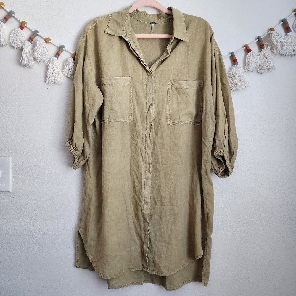 Young Fabulous & Broke Green Linen Button Down Shirt Dress Puff Sleeves S